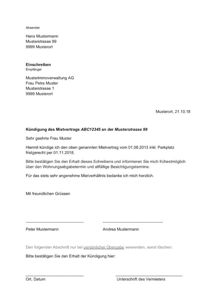 Vorlage Kündigung Mietvertrag Schweiz